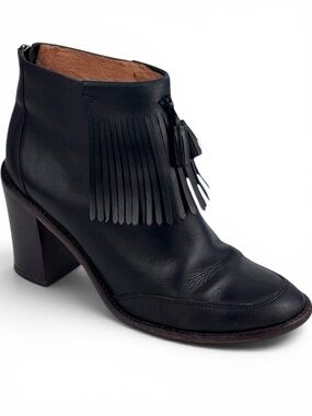MADEWELL ADI FRINGE VAMP BLACK LEATHER STACK HEELED ANKLE BOOT BOOTIES